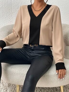 Amazon CozyEaseTwo-Tone Colorblock V-Neck Blouse Large Brown & Black NWT
